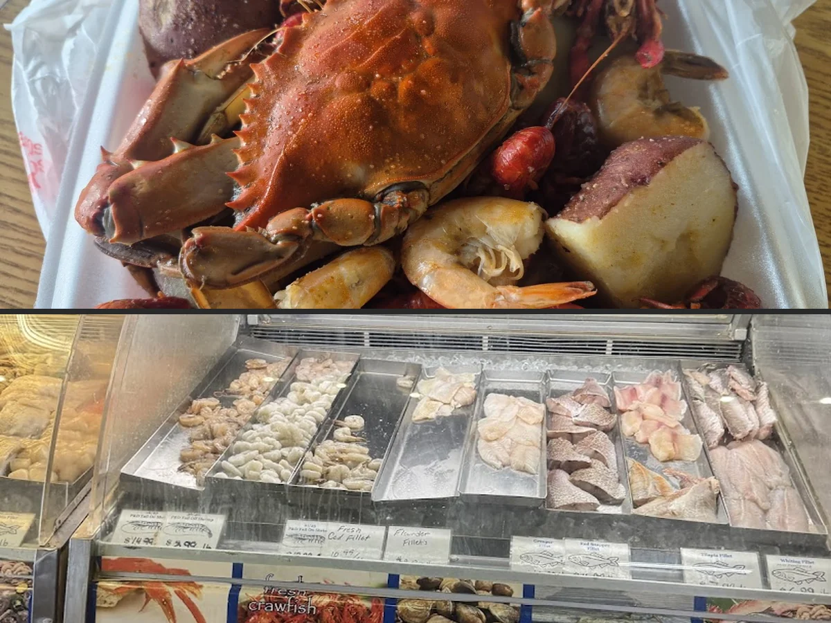 Boiled crawfish and Cajun seafood on a casual counter.