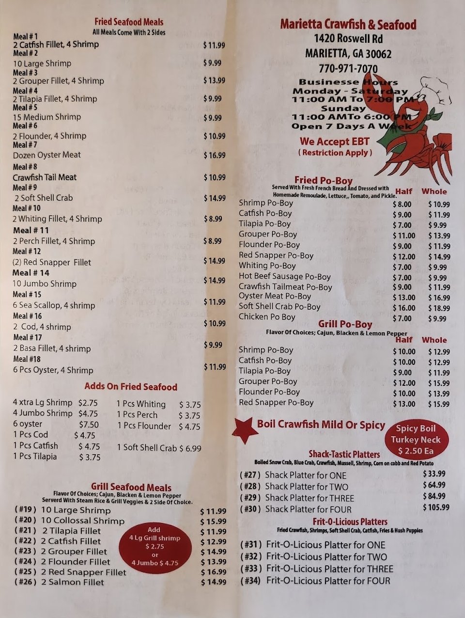 Menu page showing seafood categories and combo options.